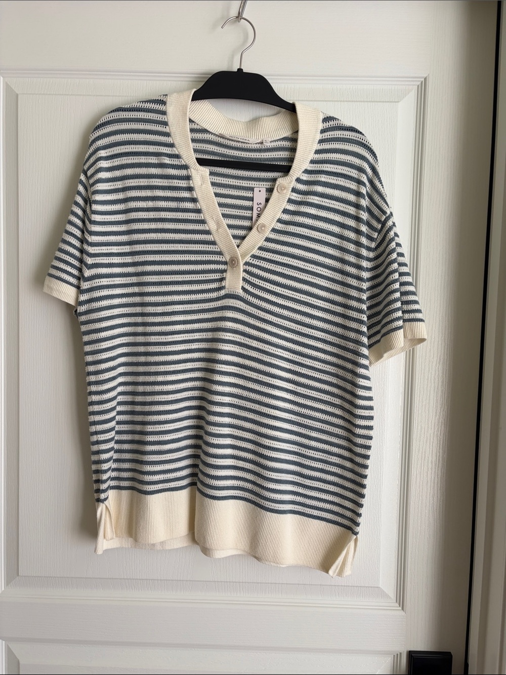 Soma Striped V-Neck Short-Sleeve Top in Cream and Blue